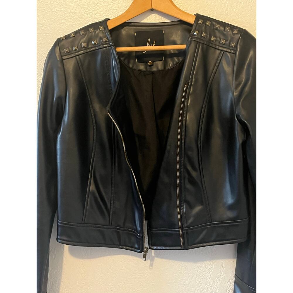 Womens Jack Faux Leather Crop Top Bomber Jacket with Gold Shoulder Studs Size M - Picture 3 of 7